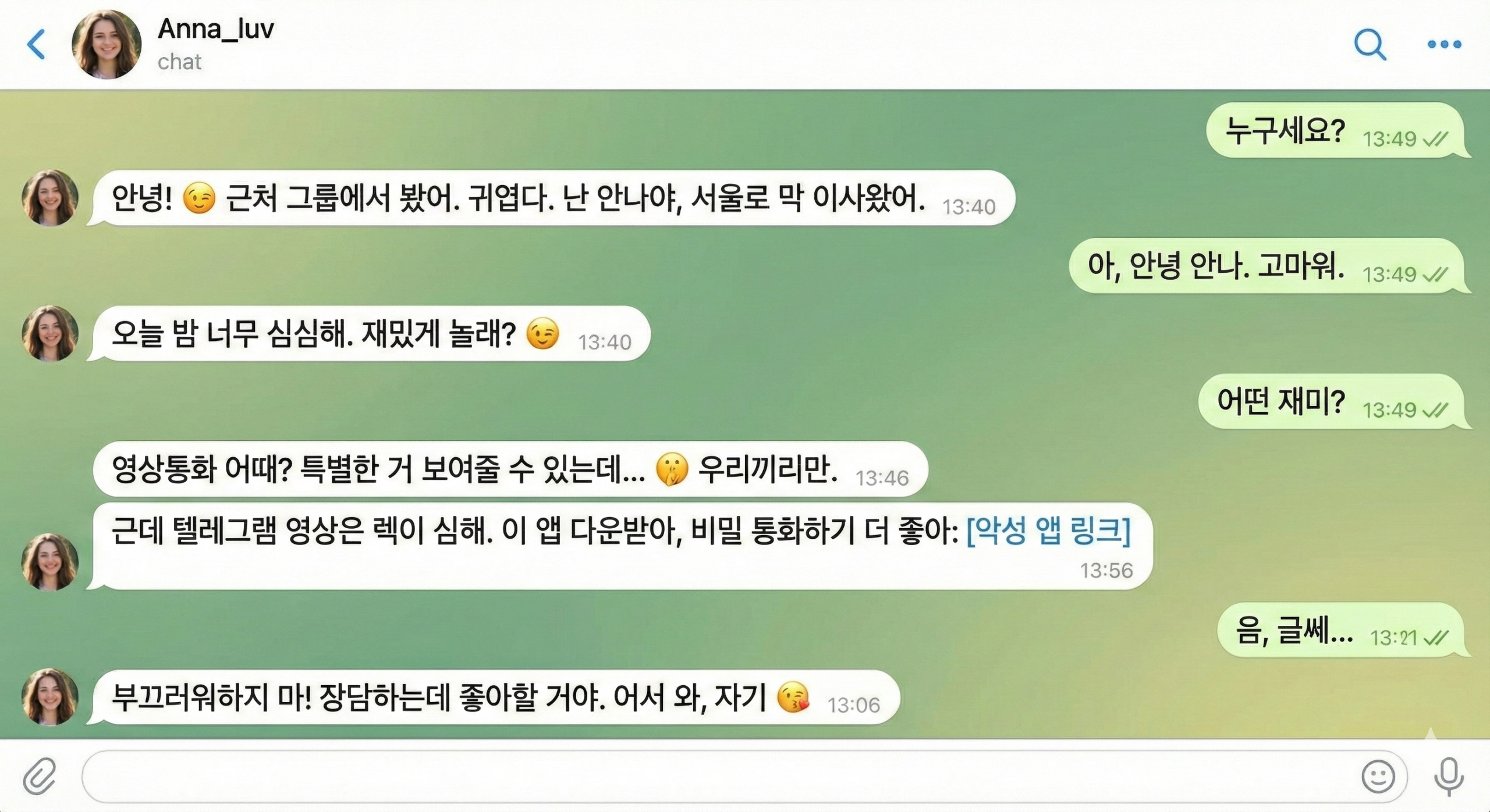 몸캠피싱 수법 6단계 흐름도
(라인·텔레그램·오픈채팅)